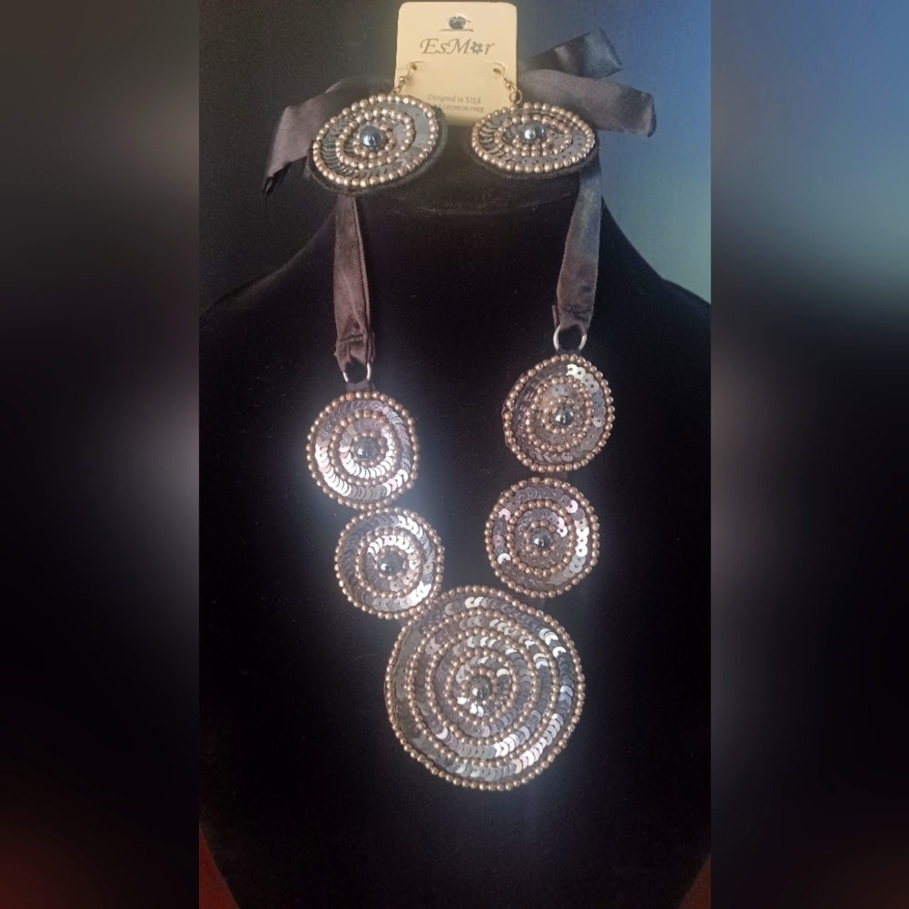 Esmar Necklace and Earring set,  Satin Ribbon set.